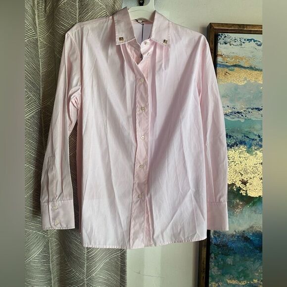 Sandro Women Shirt  French Casual Sz 0 Pink And White Striped Jeweled Button NWT - Picture 8 of 16